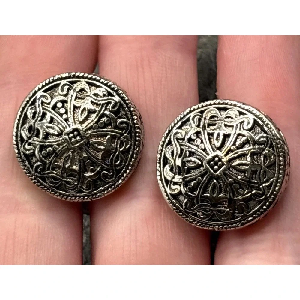 Byzantine Style Ornate Filigree Circular Heavy Chunky Cufflinks Silver Tone